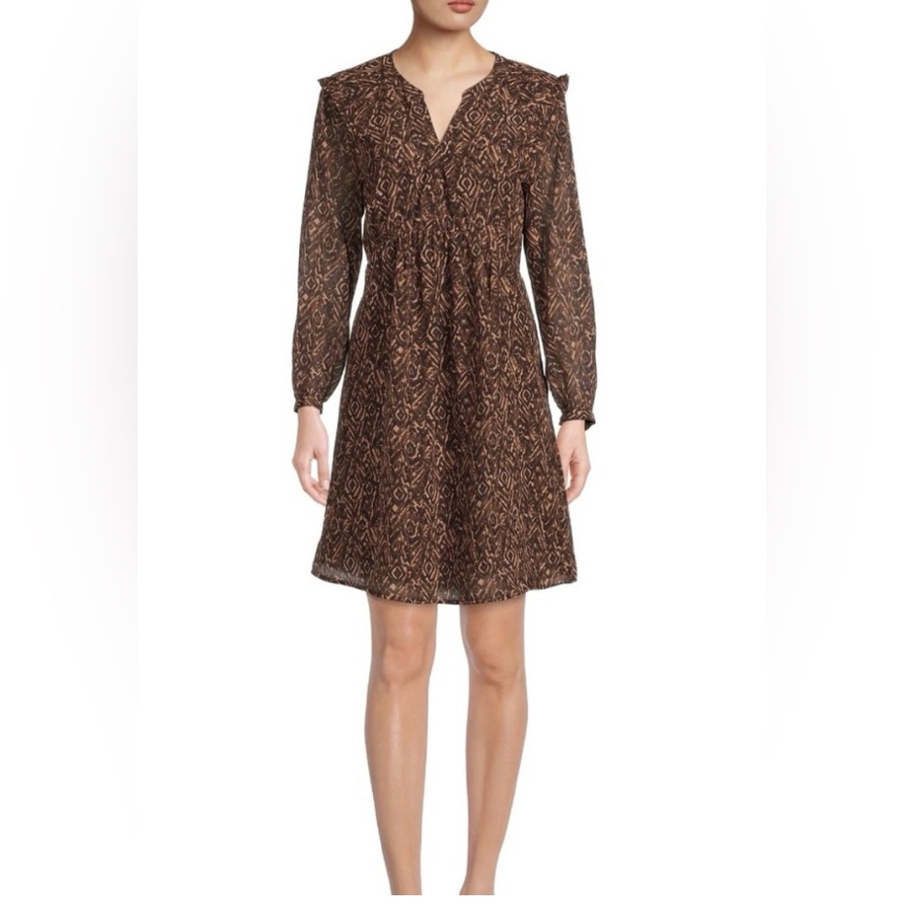BeachLunchLounge Kelsea Long Sleeve Baby Doll Mini Dress Brown‎ Sheer Sleeve Med